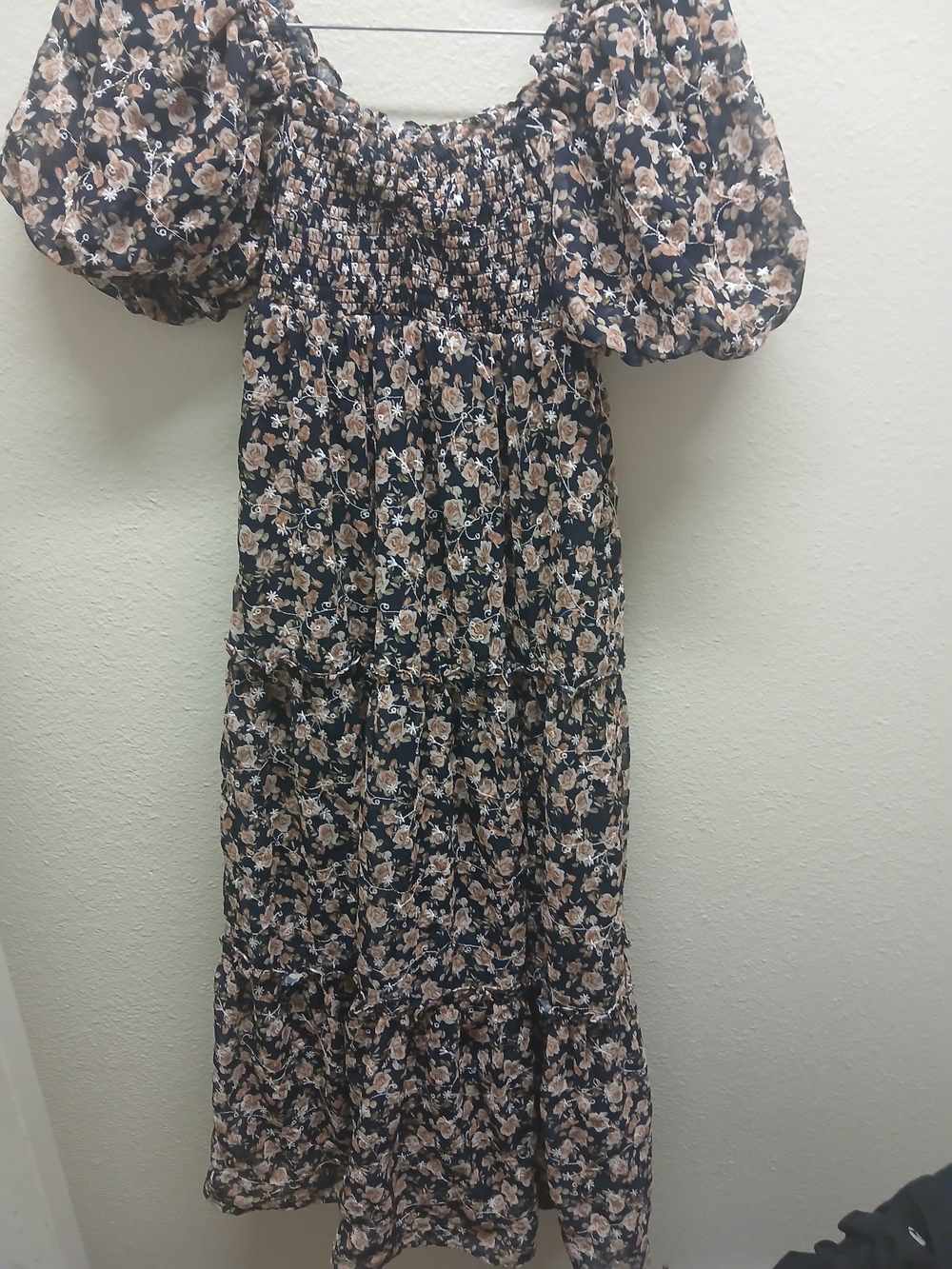 Altar'd State Navy Floral Puff-Sleeve Midi Dress with Beige Blooms